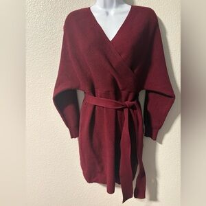 Women's Burgundy Sweater Dress with Belt